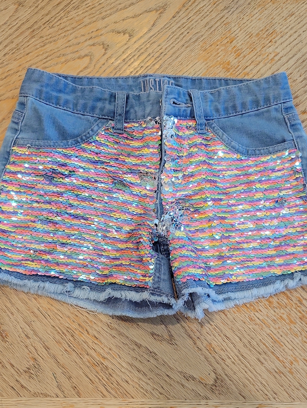 Justice Denim Shorts with Multicolor Sequin Front Denim Shorts. Girls Size 10